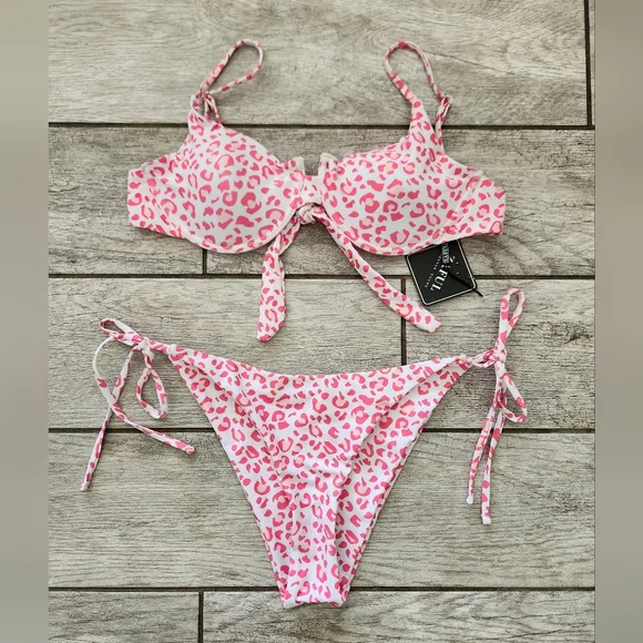 ZAFUL Leopard Side Tie Push Up Bikini Swimwear Set Sz Medium Pink Underwire NEW - Picture 4 of 9